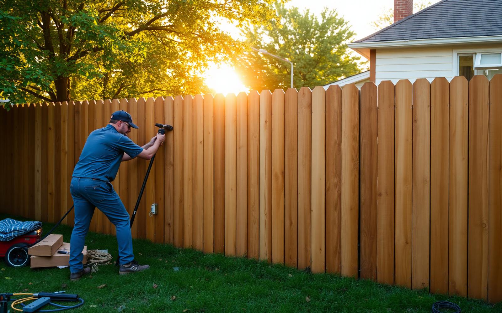Fence installer building a new cedar privacy fence in a Brooklyn backyard